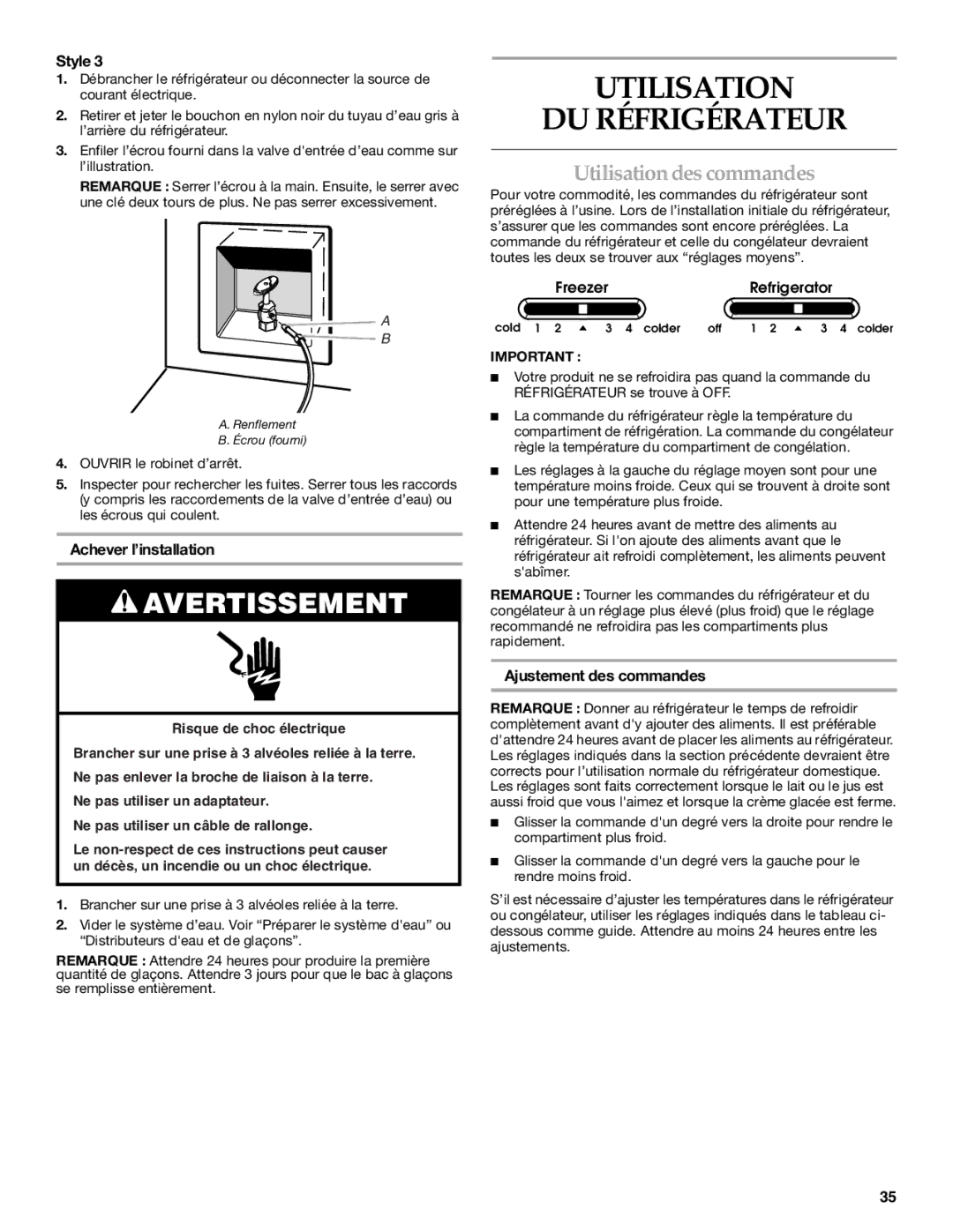 KitchenAid T2WG2 Utilisation DU Réfrigérateur, Utilisation des commandes, Achever l’installation, Ajustement des commandes 