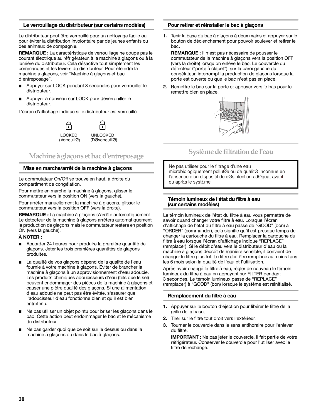 KitchenAid T2WG2L installation instructions Machine à glaçons et bac dentreposage, Système de filtration de leau 