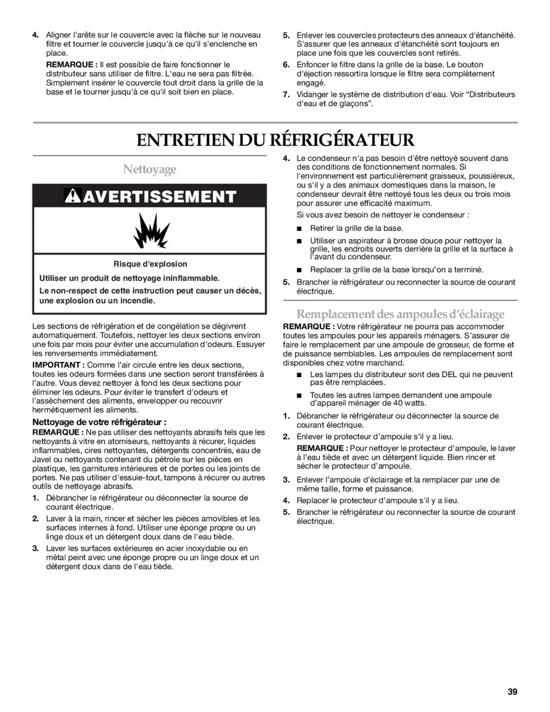 KitchenAid T2WG2L installation instructions Entretien DU Réfrigérateur, Nettoyage, Remplacement des ampoules d’éclairage 