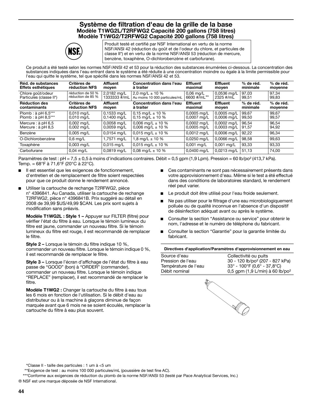 KitchenAid T2WG2L installation instructions Système de filtration deau de la grille de la base 