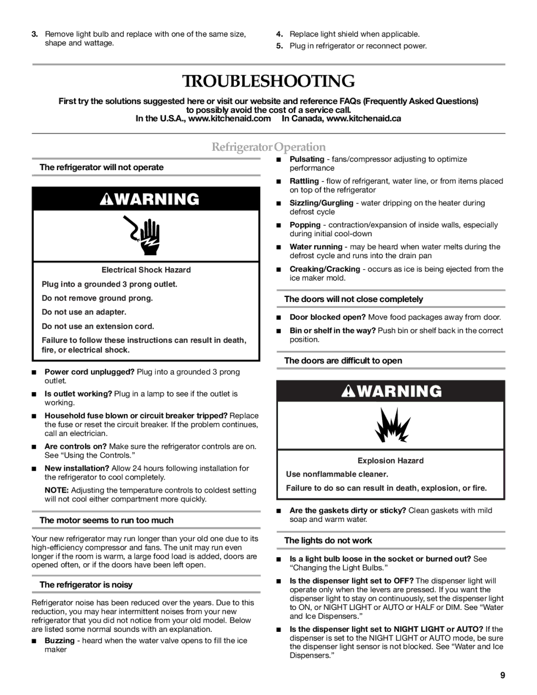 KitchenAid T2WG2L installation instructions Troubleshooting, Refrigerator Operation 