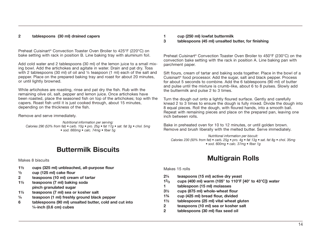 KitchenAid TOB-60C manual Buttermilk Biscuits, Multigrain Rolls, Makes 15 rolls, Teaspoons 15 ml active dry yeast 