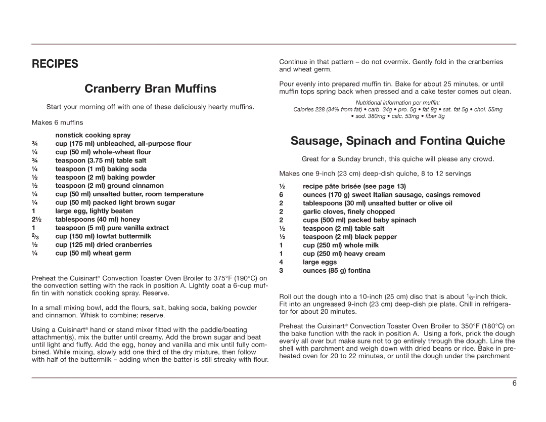 KitchenAid TOB-60C manual Cranberry Bran Muffins, Sausage, Spinach and Fontina Quiche 