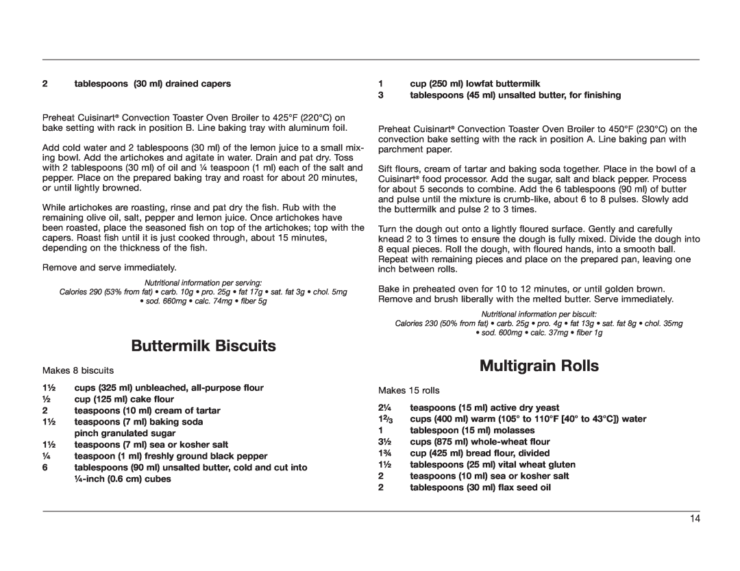 KitchenAid TOB-60C manual Buttermilk Biscuits, Multigrain Rolls 