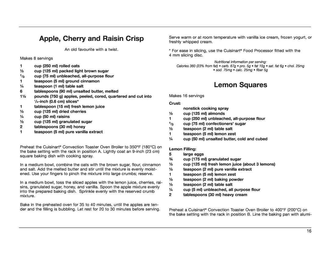 KitchenAid TOB-60C manual Apple, Cherry and Raisin Crisp, Lemon Squares 