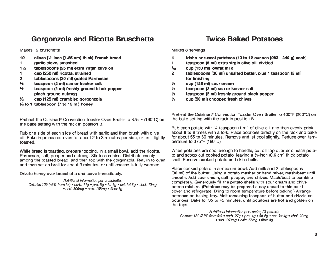 KitchenAid TOB-60C manual Gorgonzola and Ricotta Bruschetta, Twice Baked Potatoes 