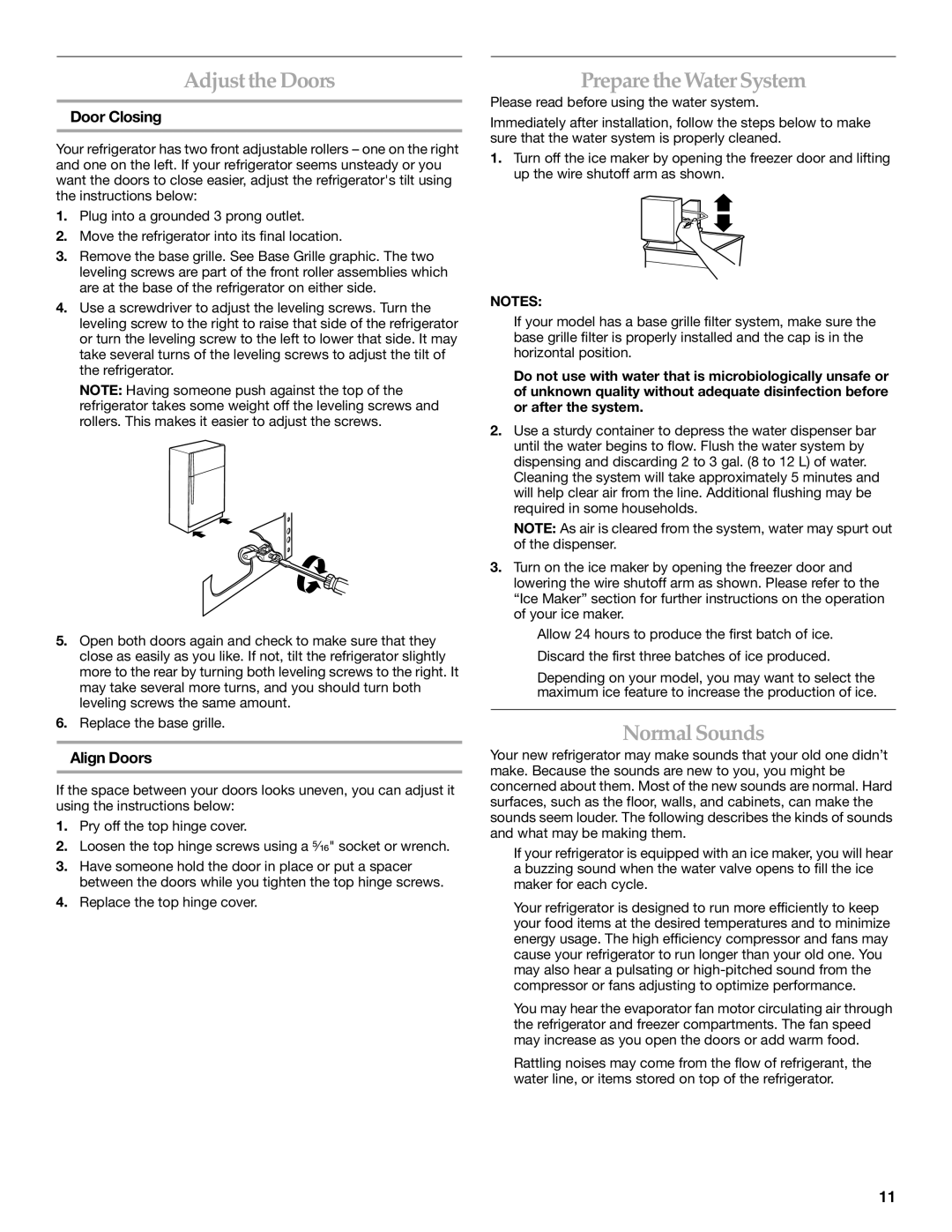 KitchenAid TOP-MOUNT REFRIGERATOR Adjustthe Doors, Prepare the Water System, Normal Sounds, Door Closing, Align Doors 