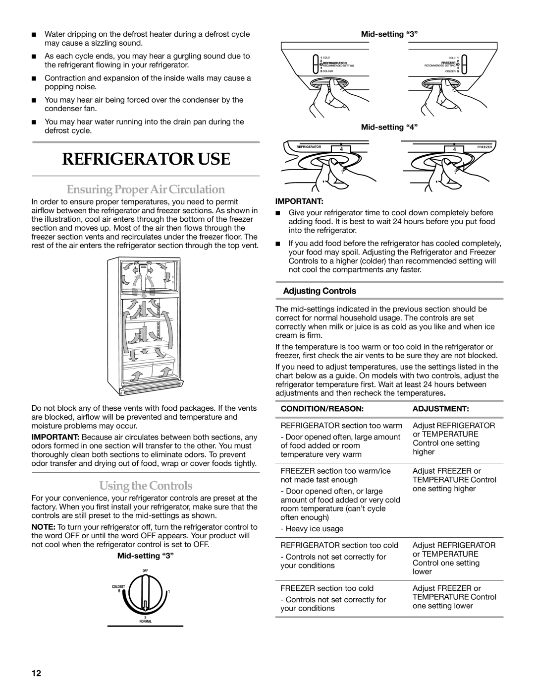 KitchenAid TOP-MOUNT REFRIGERATOR Refrigerator USE, Ensuring Proper Air Circulation, Usingthe Controls, Adjusting Controls 