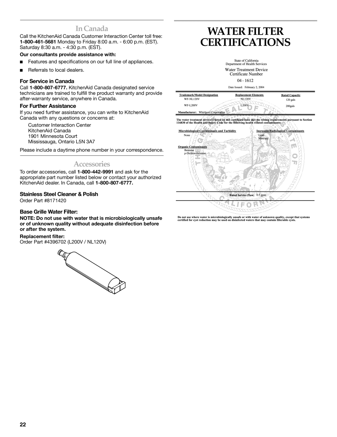 KitchenAid TOP-MOUNT REFRIGERATOR manual Water Filter Certifications, Canada, Accessories 