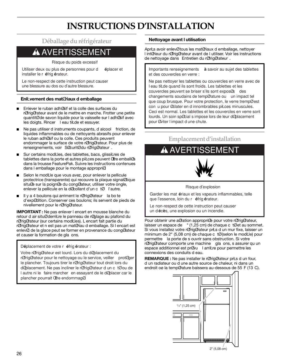 KitchenAid TOP-MOUNT REFRIGERATOR Instructions D’INSTALLATION, Déballage du réfrigérateur, Emplacement d’installation 