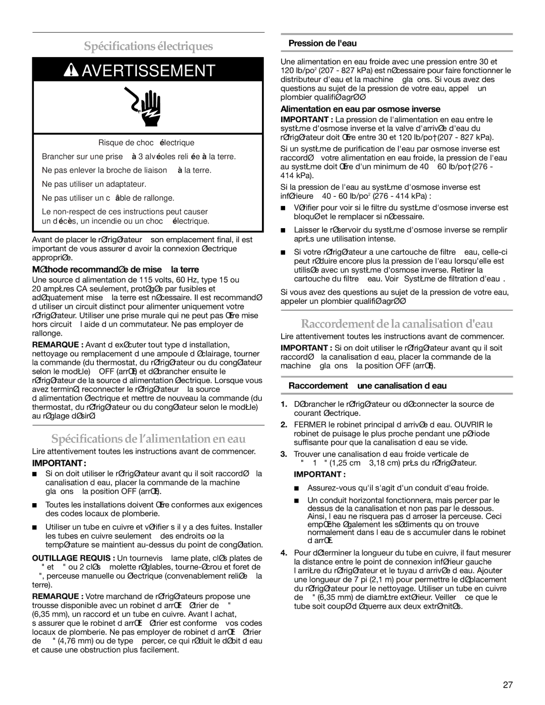 KitchenAid TOP-MOUNT REFRIGERATOR manual Spécifications électriques, Spécifications de l’alimentation en eau 