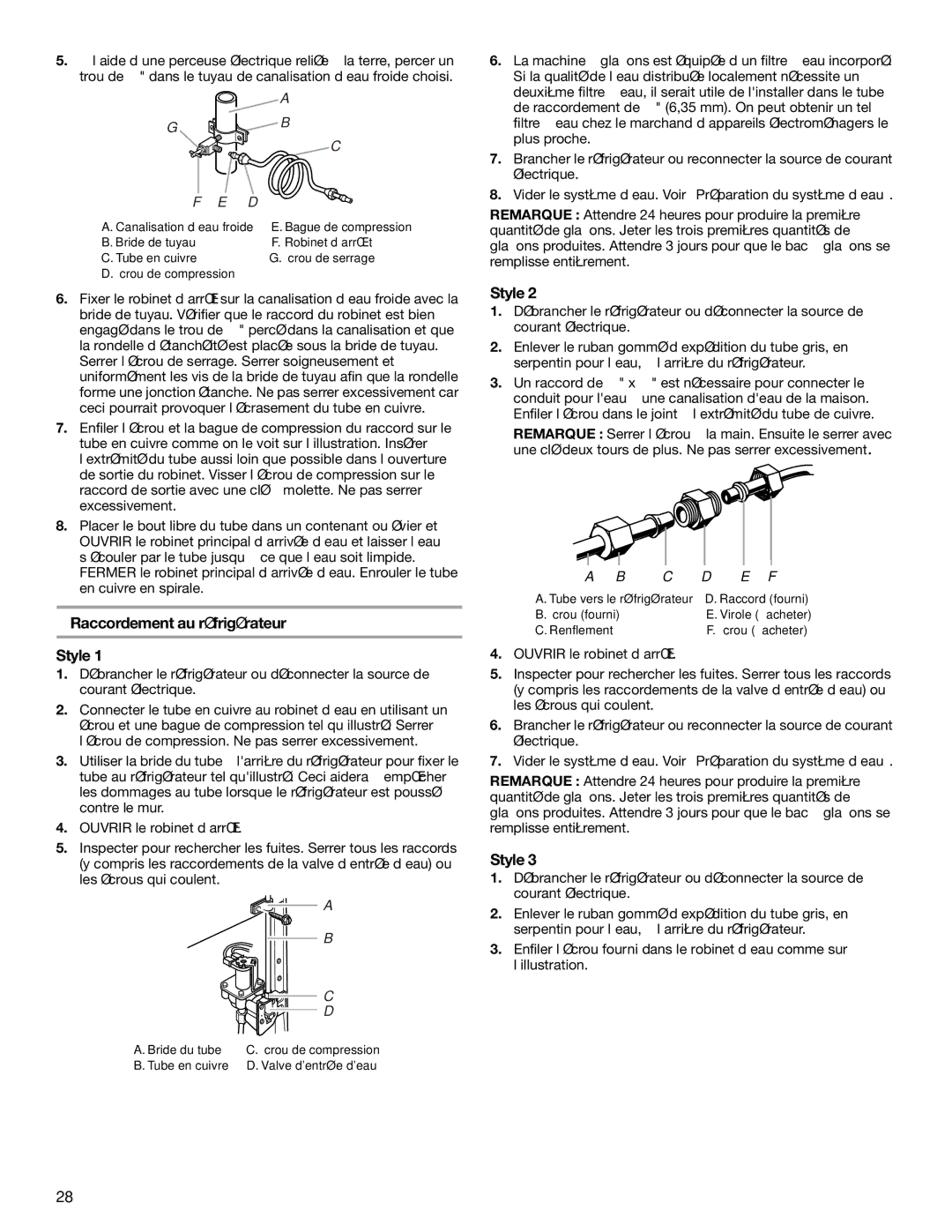 KitchenAid TOP-MOUNT REFRIGERATOR manual Raccordement au réfrigérateur Style 