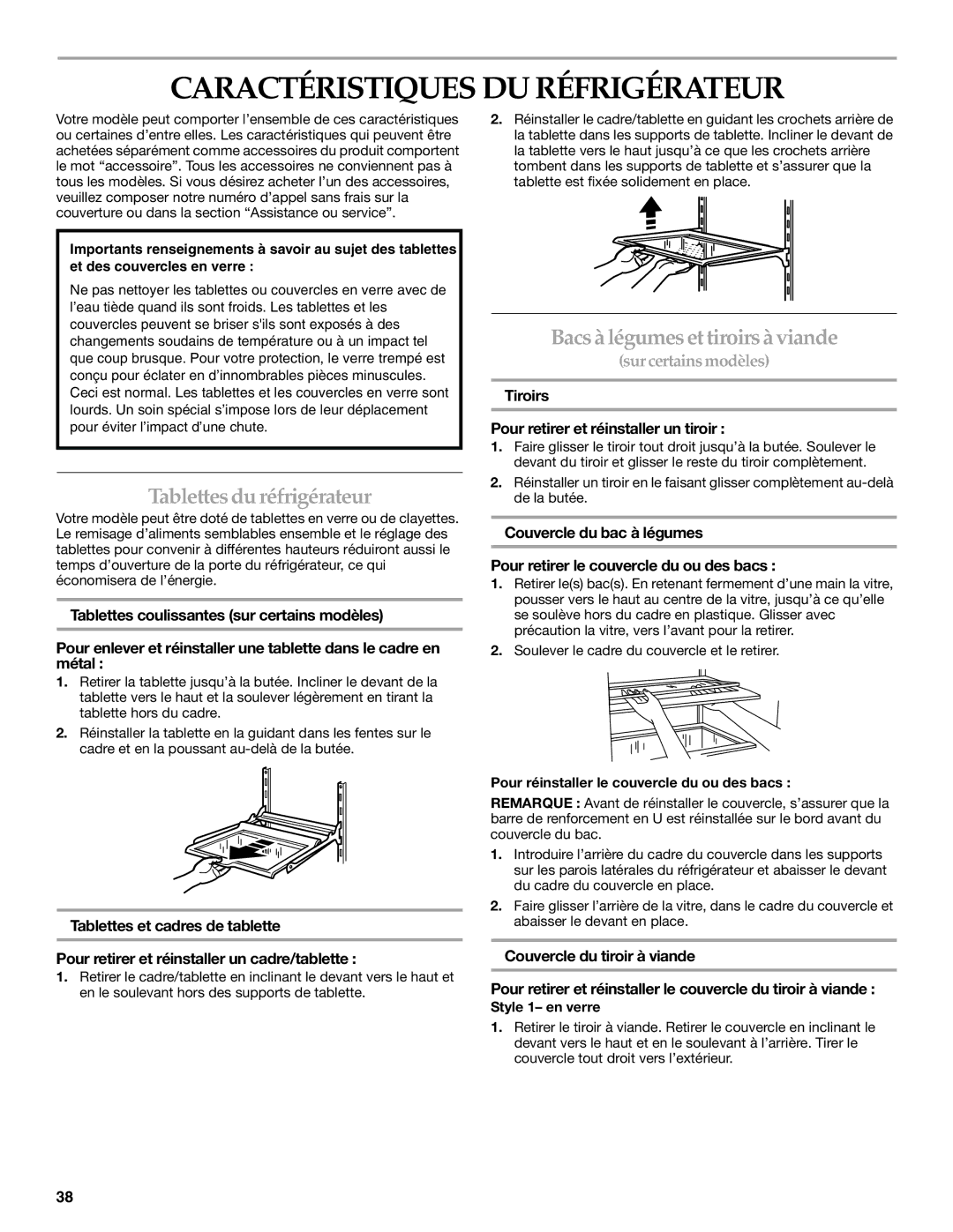 KitchenAid TOP-MOUNT REFRIGERATOR manual Caractéristiques DU Réfrigérateur, Tablettesdu réfrigérateur 