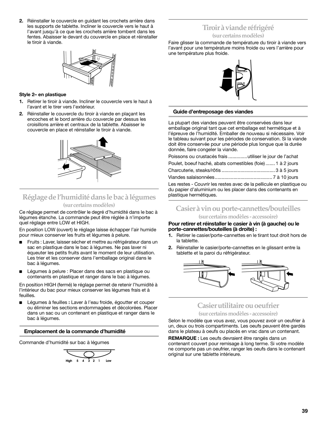 KitchenAid TOP-MOUNT REFRIGERATOR manual Réglage de l’humidité dansle bac à légumes, Tiroir à viande réfrigéré 