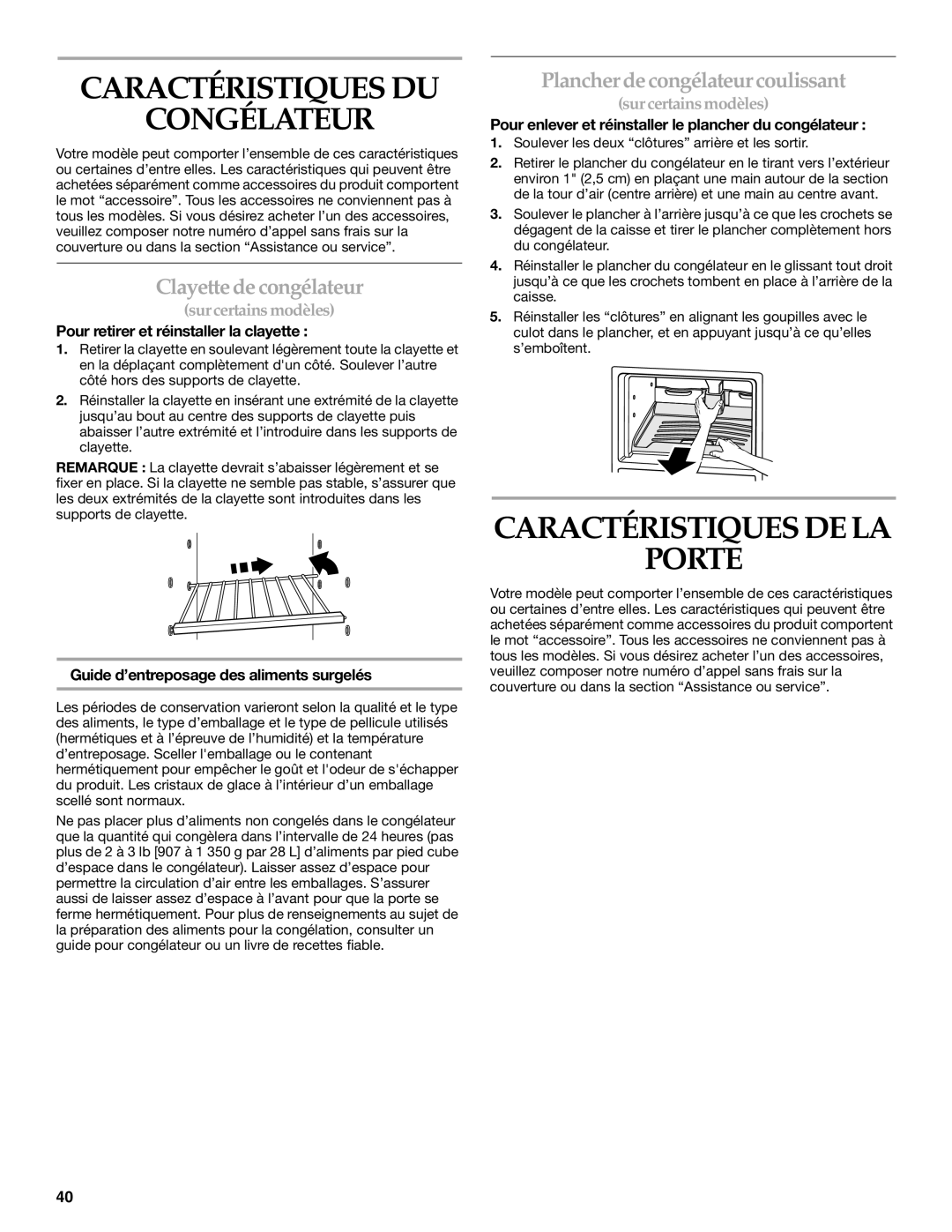 KitchenAid TOP-MOUNT REFRIGERATOR Caractéristiques DU Congélateur, Caractéristiques DE LA Porte, Clayette de congélateur 