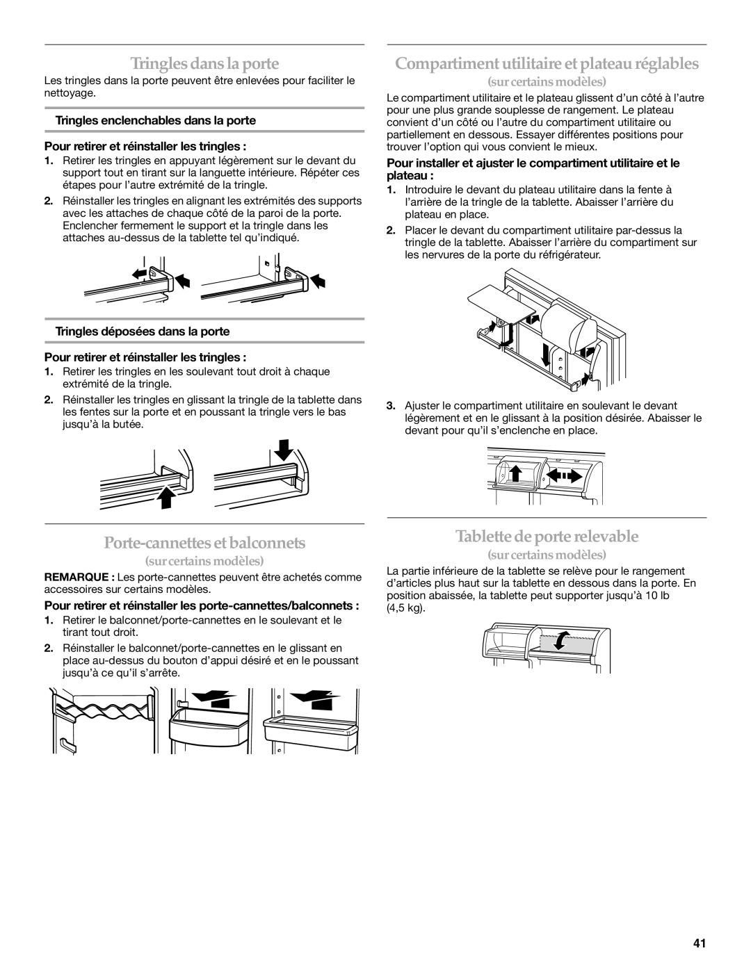 KitchenAid TOP-MOUNT REFRIGERATOR manual Tringles dansla porte, Compartiment utilitaire et plateau réglables 