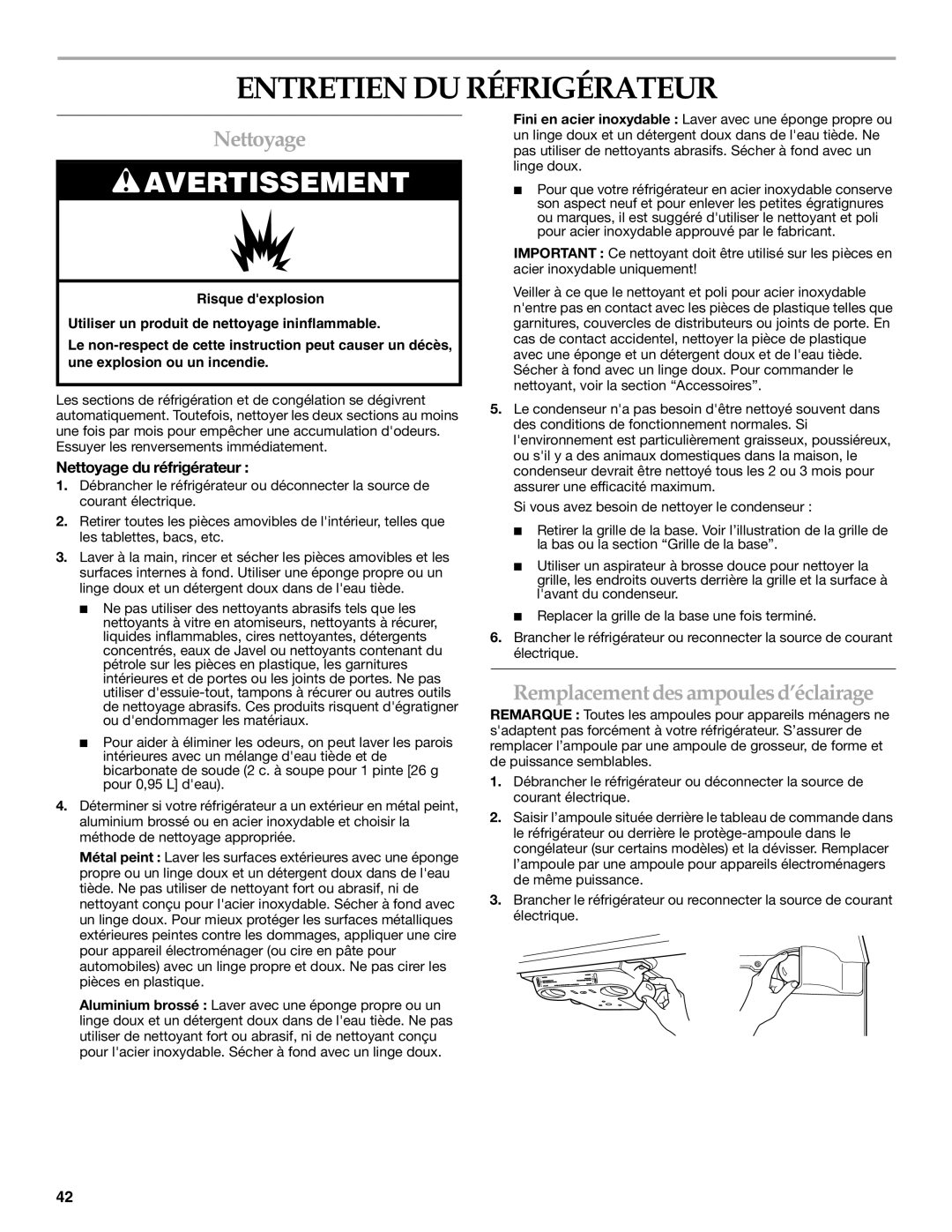 KitchenAid TOP-MOUNT REFRIGERATOR manual Entretien DU Réfrigérateur, Nettoyage, Remplacement des ampoulesd’éclairage 