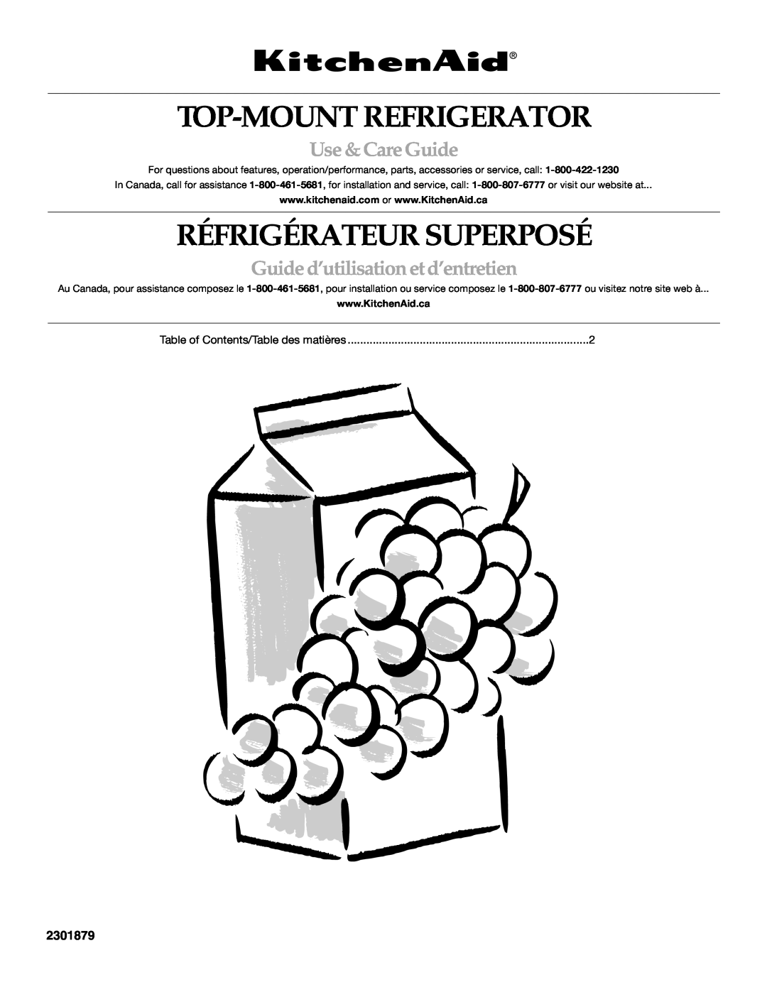 KitchenAid TOP-MOUNT REFRIGERATOR manual 2301879, Top-Mount Refrigerator, Réfrigérateur Superposé, Use &CareGuide 