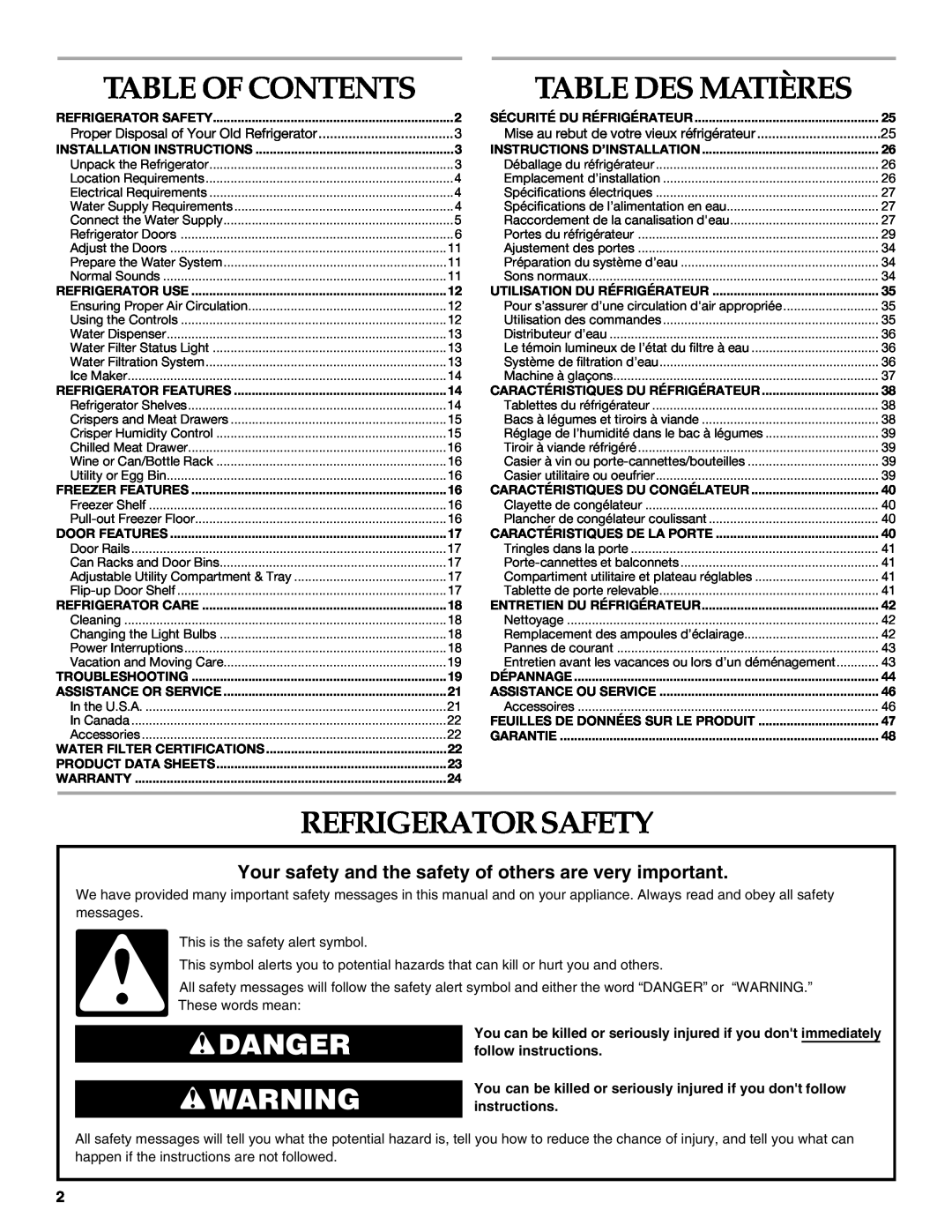 KitchenAid TOP-MOUNT REFRIGERATOR manual Table Des Matières, Refrigeratorsafety, Danger, Table Of Contents 