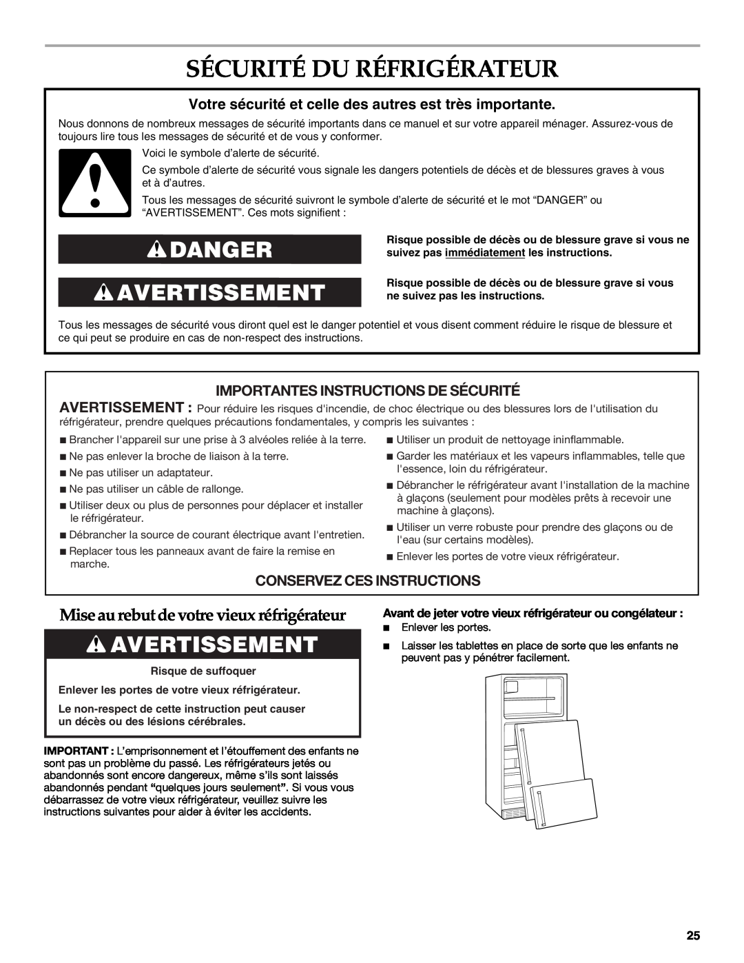 KitchenAid TOP-MOUNT REFRIGERATOR Sécurité Du Réfrigérateur, Danger Avertissement, Importantes Instructions De Sécurité 