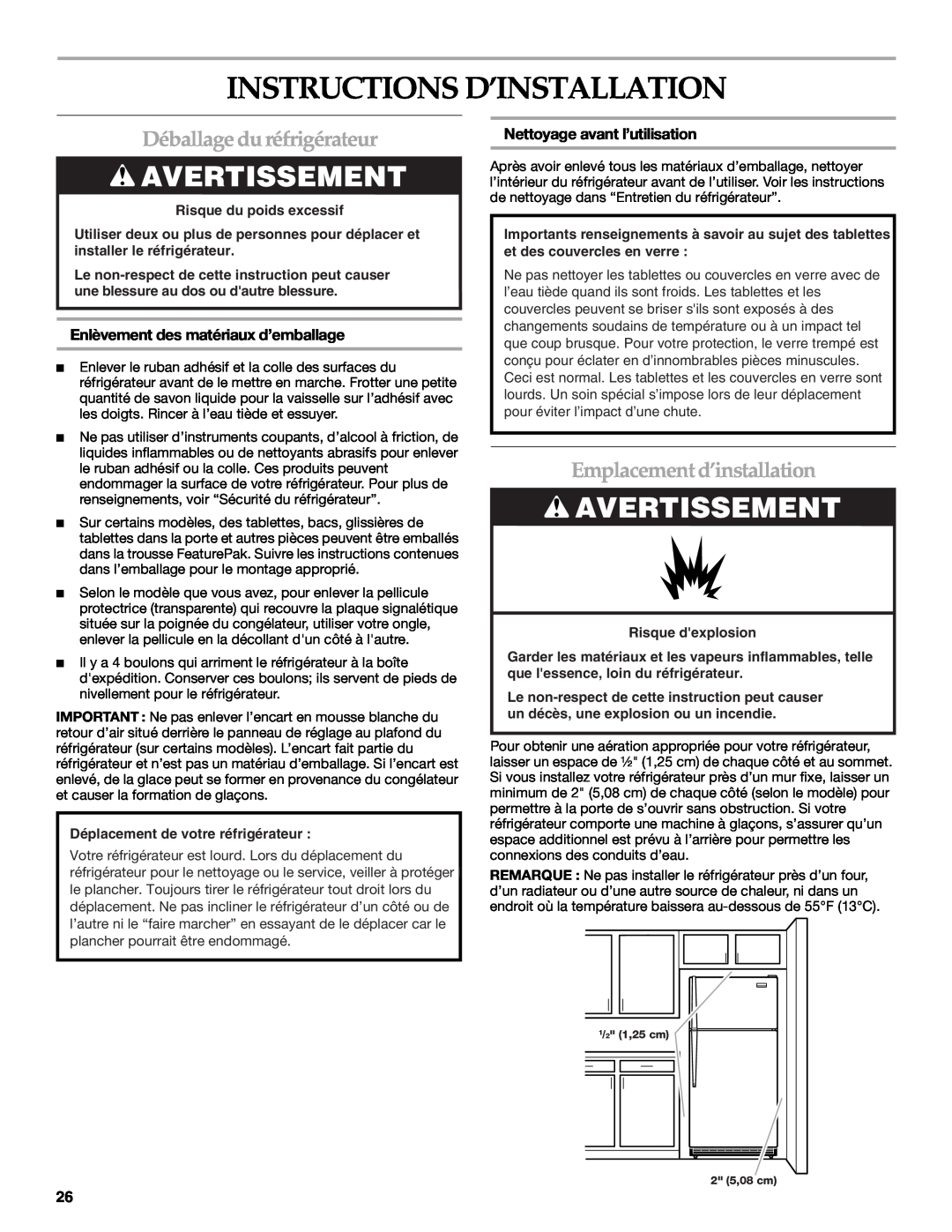 KitchenAid TOP-MOUNT REFRIGERATOR Instructions D’Installation, Déballage du réfrigérateur, Emplacement d’installation 