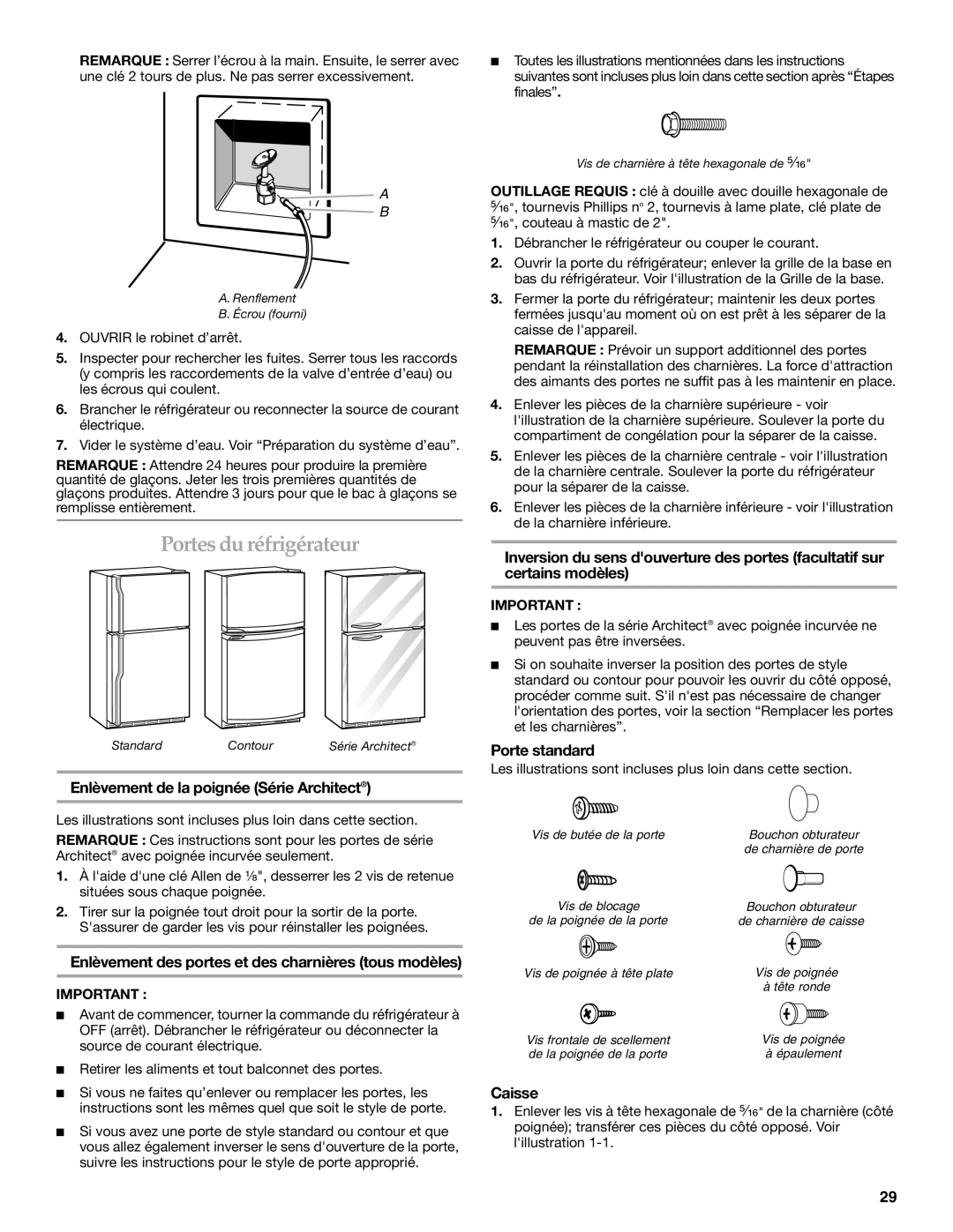 KitchenAid TOP-MOUNT REFRIGERATOR manual Portes du réfrigérateur, Enlèvement de la poignée Série Architect, Porte standard 