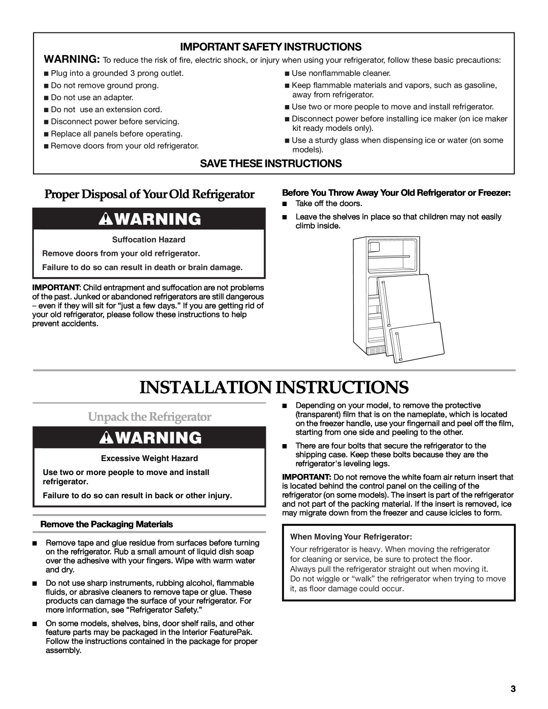 KitchenAid TOP-MOUNT REFRIGERATOR manual Installation Instructions, Proper Disposal of Your Old Refrigerator 
