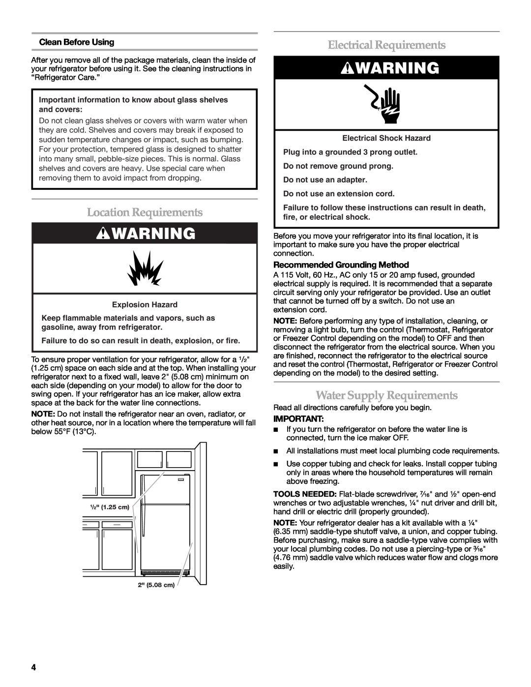 KitchenAid TOP-MOUNT REFRIGERATOR manual Location Requirements, Electrical Requirements, Water Supply Requirements 