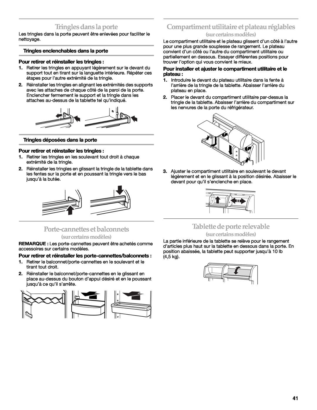 KitchenAid TOP-MOUNT REFRIGERATOR manual Tringles dansla porte, Compartiment utilitaire et plateau réglables 