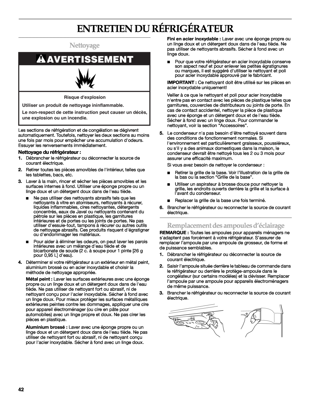 KitchenAid TOP-MOUNT REFRIGERATOR manual Entretien Du Réfrigérateur, Nettoyage, Remplacement des ampoulesd’éclairage 