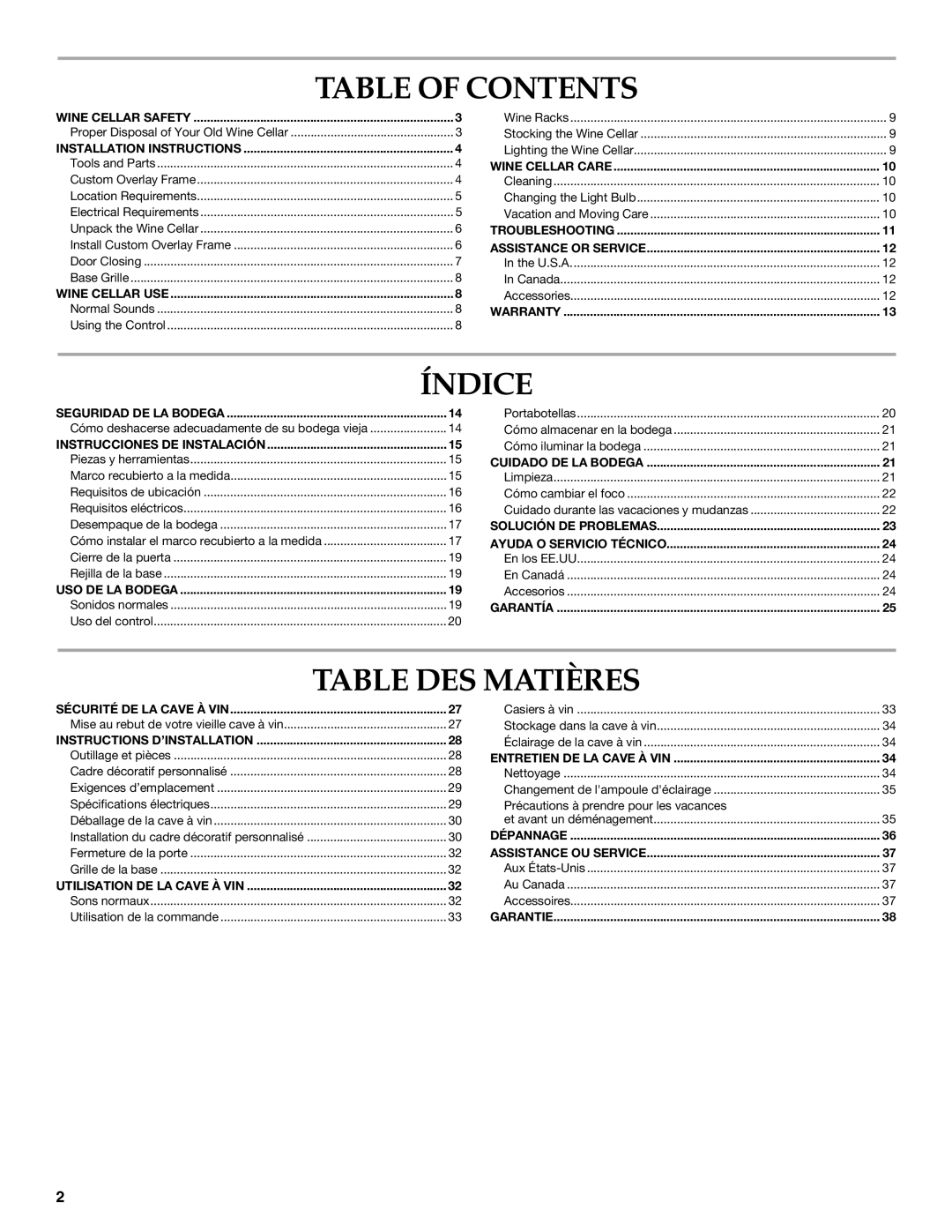 KitchenAid TX802RTDF-CU10-F-2 SERIES manual Table of Contents, Índice, Table DES Matières 