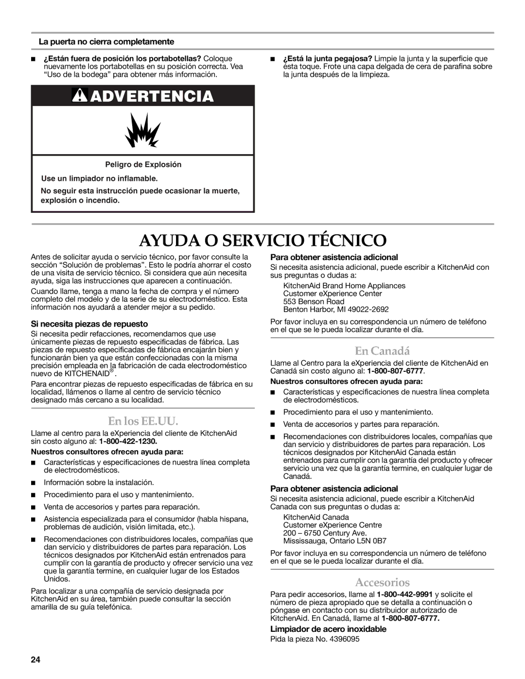 KitchenAid TX802RTDF-CU10-F-2 SERIES manual Ayuda O Servicio Técnico, En los EE.UU, En Canadá, Accesorios 