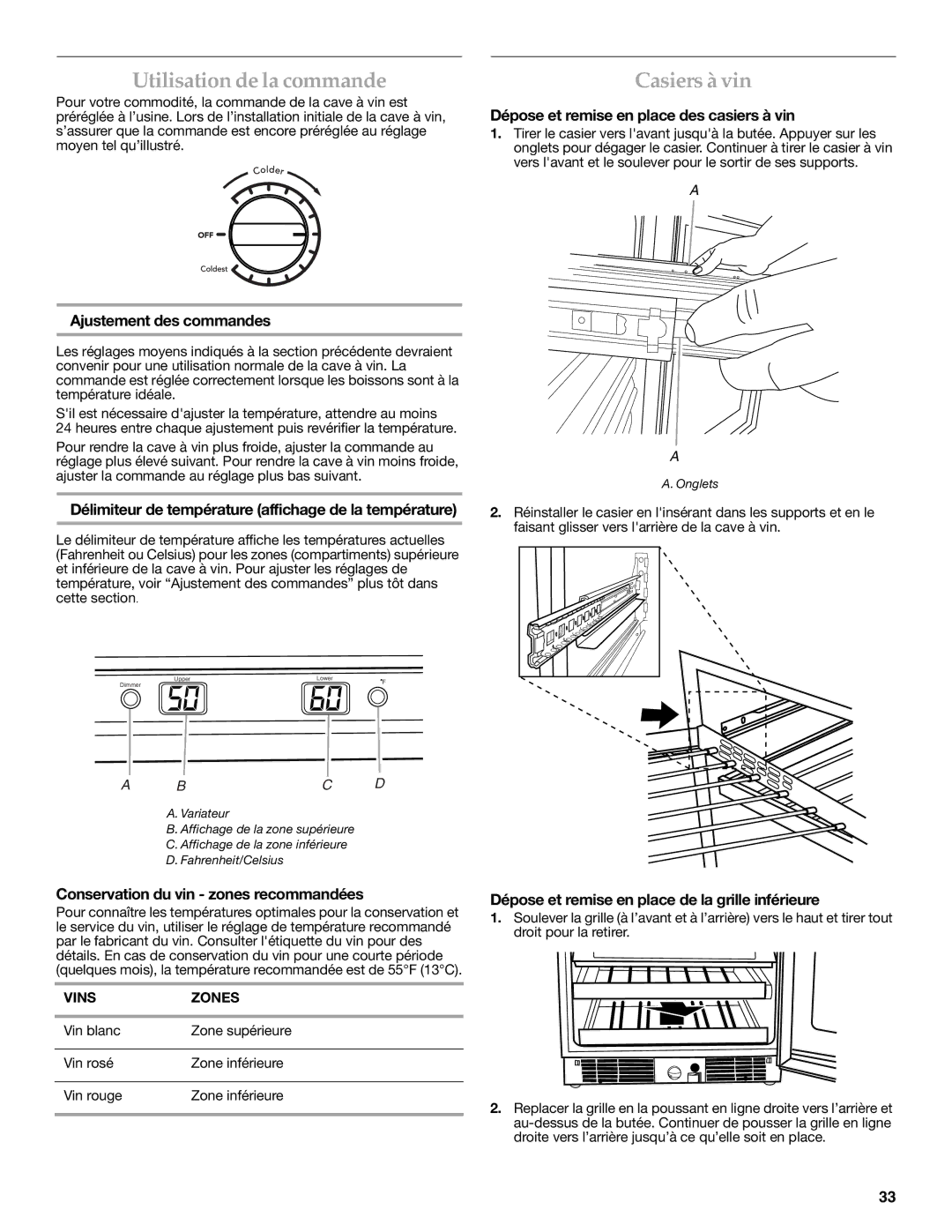 KitchenAid TX802RTDF-CU10-F-2 SERIES manual Utilisation de la commande, Casiers à vin 