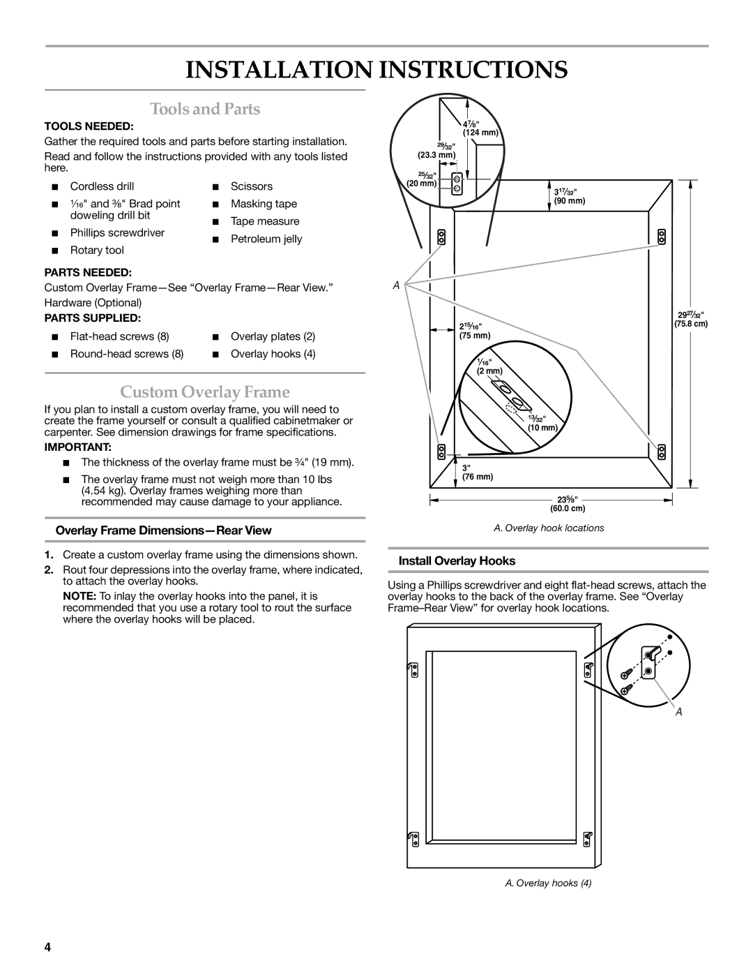 KitchenAid TX802RTDF-CU10-F-2 SERIES manual Installation Instructions, Tools and Parts, Custom Overlay Frame 