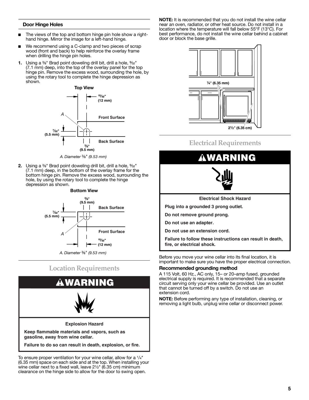 KitchenAid TX802RTDF-CU10-F-2 SERIES manual Electrical Requirements, Location Requirements, Door Hinge Holes 