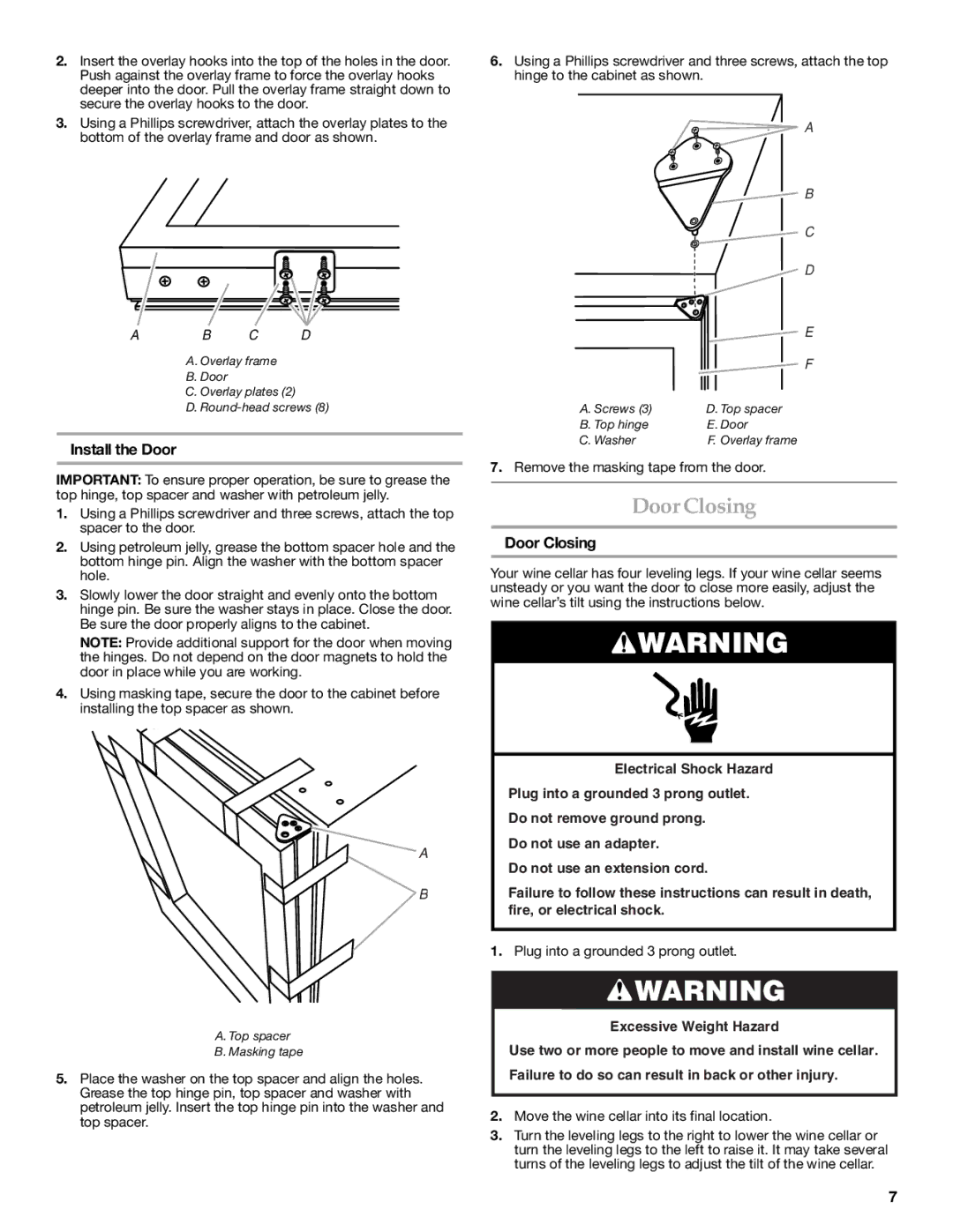 KitchenAid TX802RTDF-CU10-F-2 SERIES manual Door Closing, Install the Door, Remove the masking tape from the door 