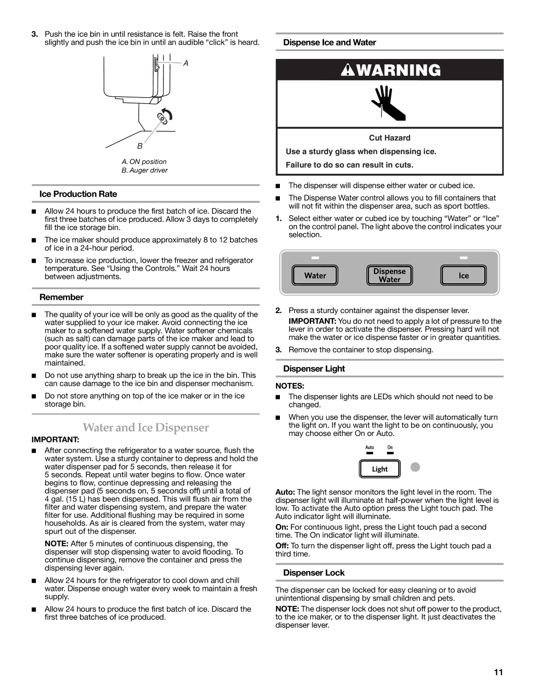 KitchenAid KFIS25XVMS9, UKF8001AXX-750 installation instructions Water and Ice Dispenser 