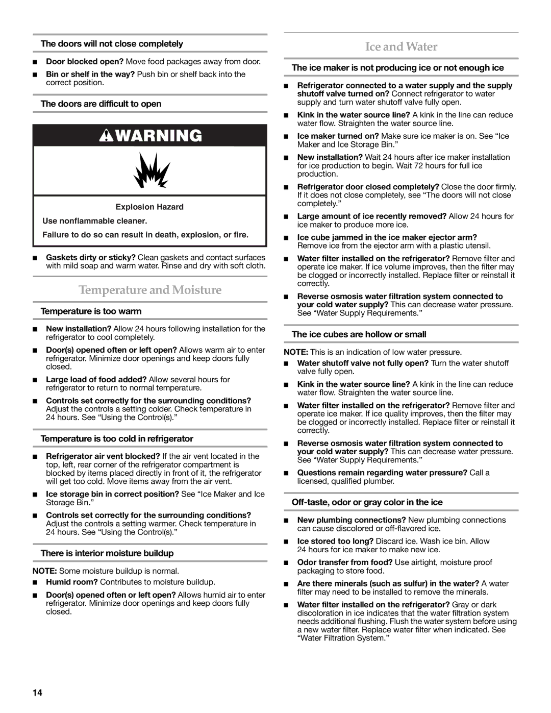 KitchenAid UKF8001AXX-750, KFIS25XVMS9 installation instructions Temperature and Moisture, Ice and Water 