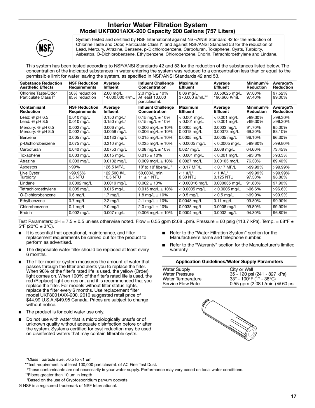 KitchenAid KFIS25XVMS9, UKF8001AXX-750 installation instructions Model UKF8001AXX-200 Capacity 200 Gallons 757 Liters 