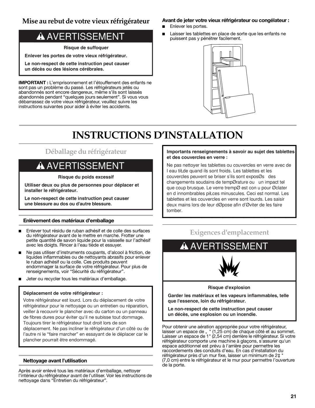 KitchenAid KFIS25XVMS9, UKF8001AXX-750 Instructions D’INSTALLATION, Déballage du réfrigérateur, Exigences demplacement 