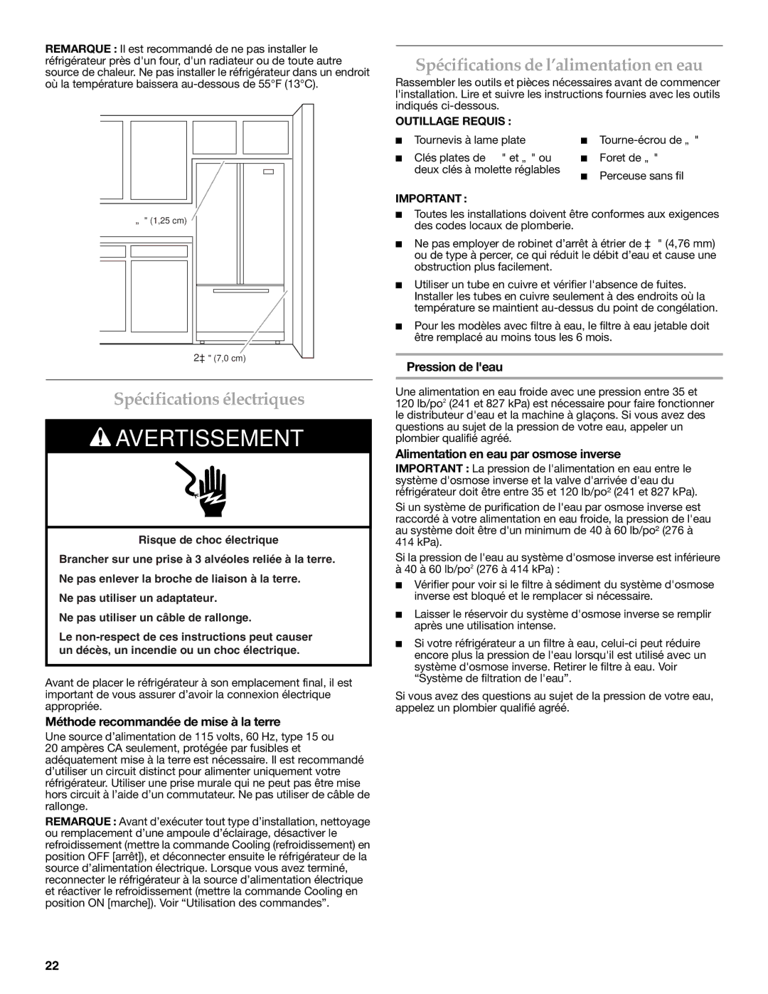 KitchenAid UKF8001AXX-750 Spécifications électriques, Spécifications de l’alimentation en eau, Pression de leau 