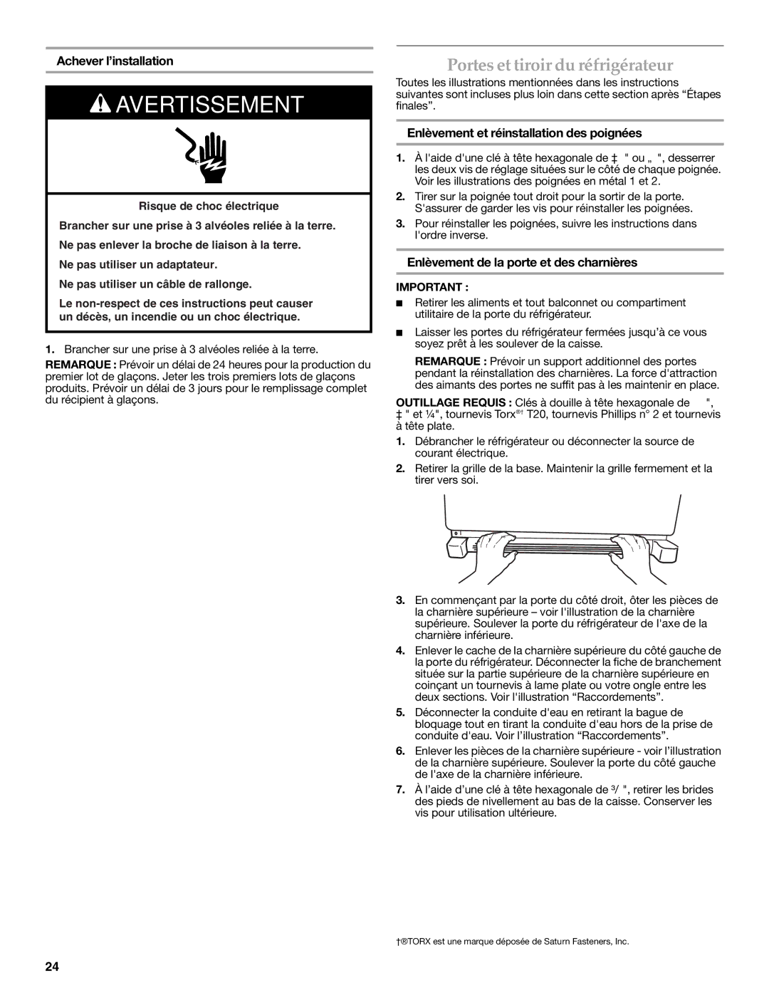 KitchenAid UKF8001AXX-750, KFIS25XVMS9 installation instructions Portes et tiroir du réfrigérateur, Achever l’installation 