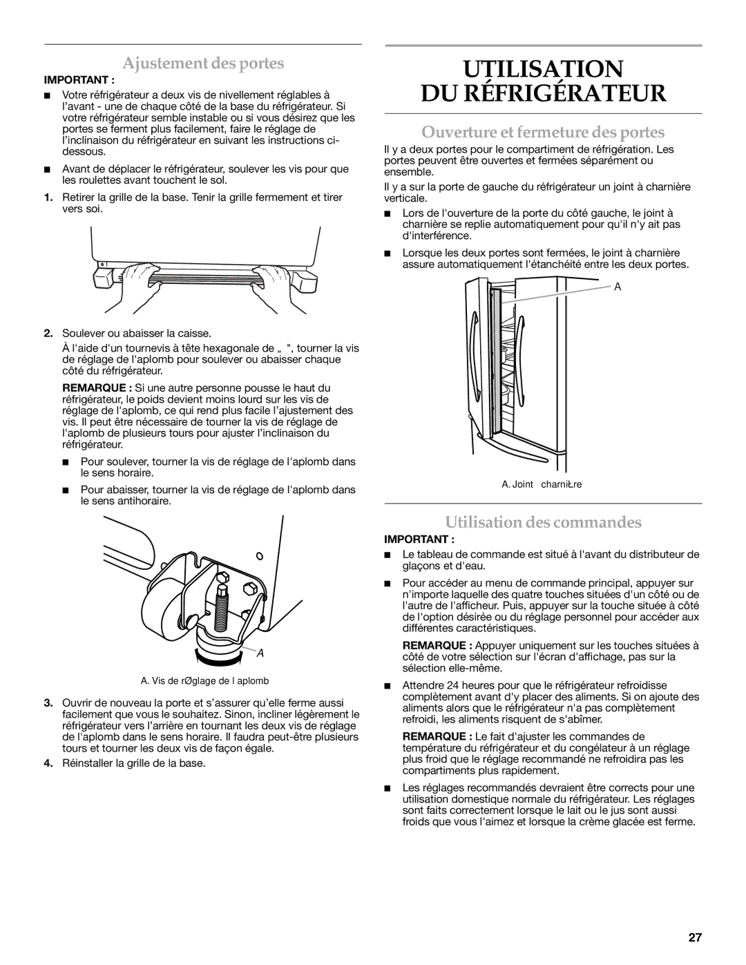 KitchenAid KFIS25XVMS9 Utilisation DU Réfrigérateur, Ajustement des portes, Ouverture et fermeture des portes 