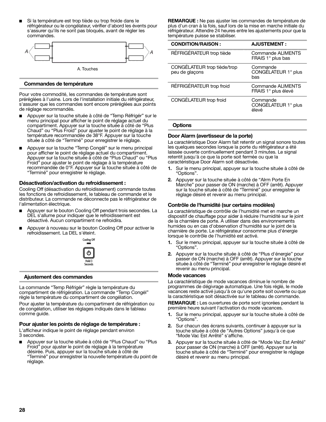 KitchenAid UKF8001AXX-750 Commandes de température, Désactivation/activation du refroidissement, Ajustement des commandes 