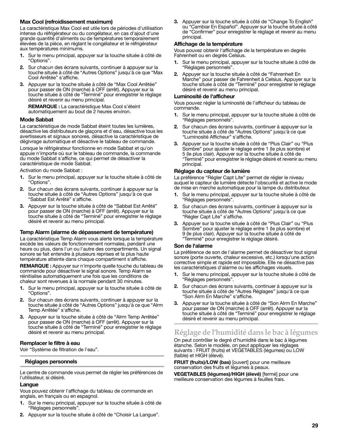 KitchenAid KFIS25XVMS9, UKF8001AXX-750 installation instructions Réglage de lhumidité dans le bac à légumes 