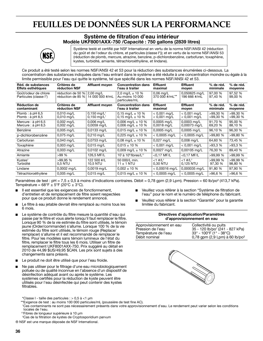 KitchenAid UKF8001AXX-750, KFIS25XVMS9 Feuilles DE Données SUR LA Performance, Système de filtration d’eau intérieur 