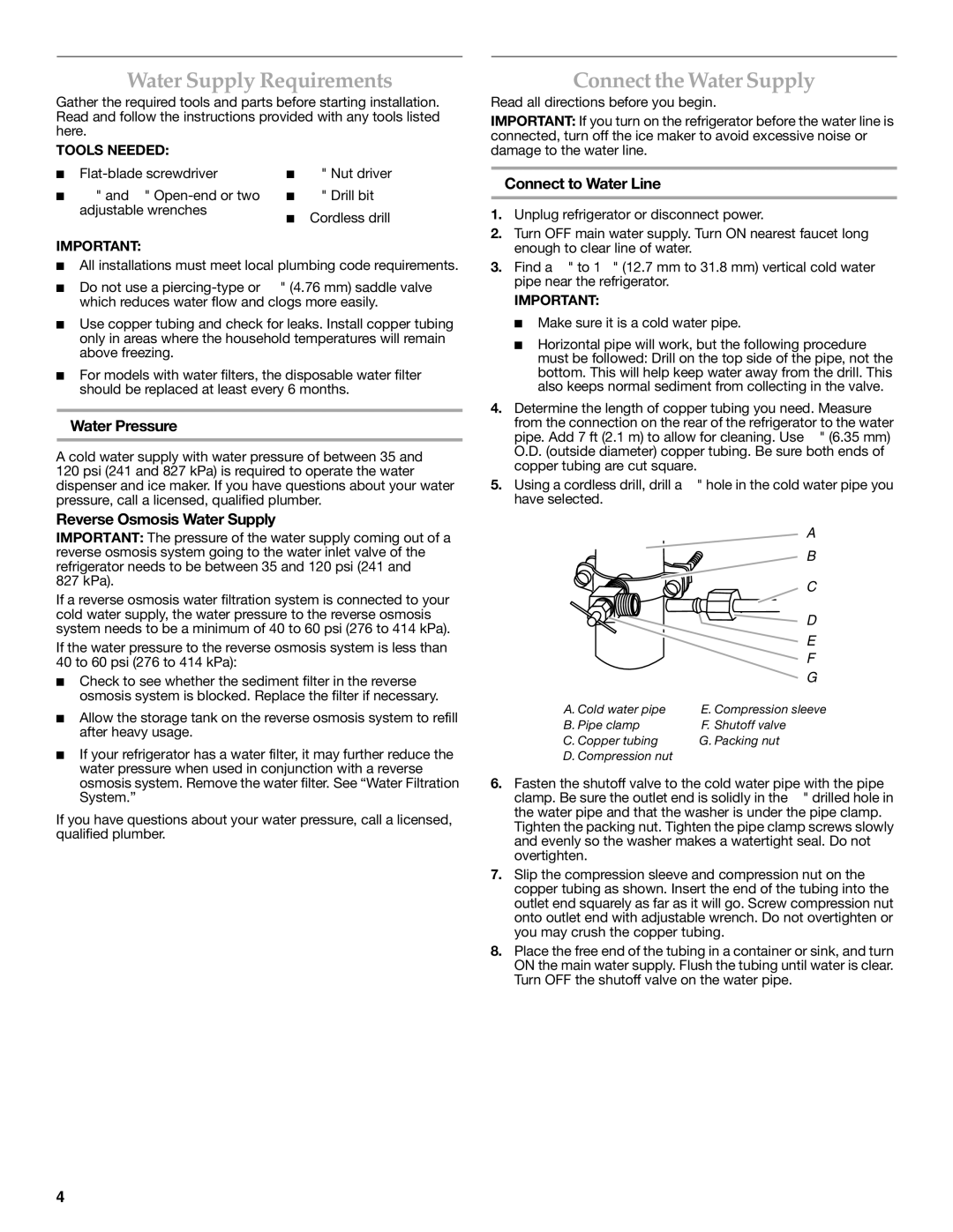 KitchenAid UKF8001AXX-750 Water Supply Requirements, Connect the Water Supply, Water Pressure, Connect to Water Line 