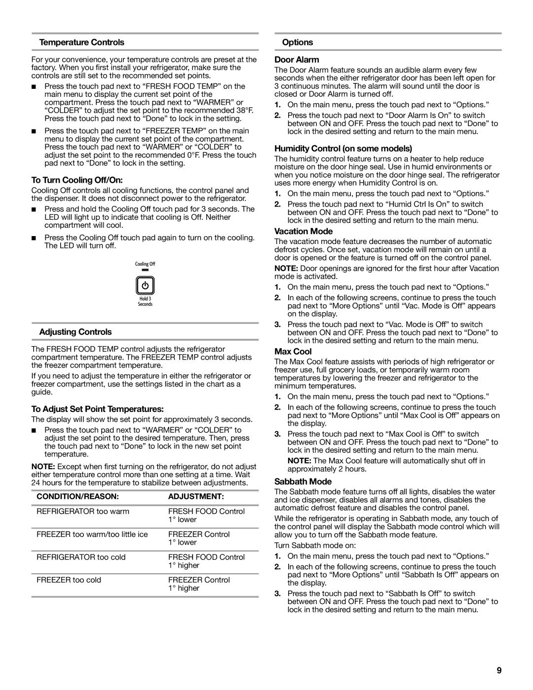 KitchenAid KFIS25XVMS9 Temperature Controls, To Turn Cooling Off/On, Adjusting Controls, To Adjust Set Point Temperatures 