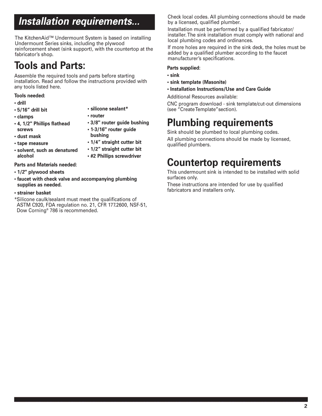 KitchenAid undermount Sinks Installation requirements, Tools and Parts, Plumbing requirements, Countertop requirements 