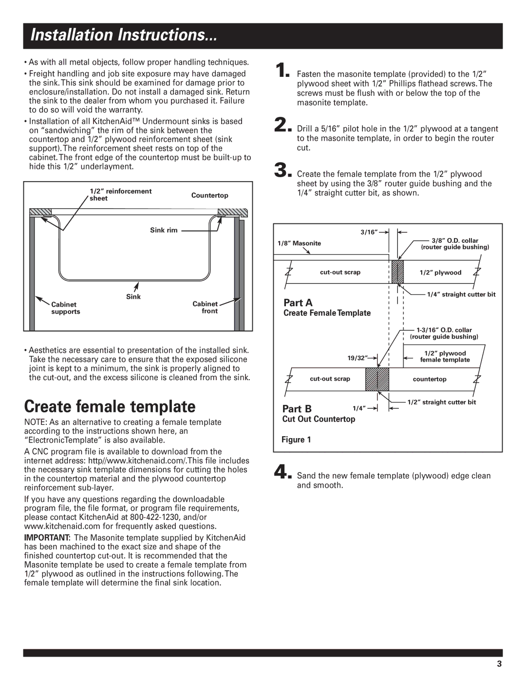 KitchenAid undermount Sinks Installation Instructions, Create female template, Create Female Template, Cut Out Countertop 